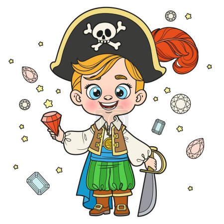Illustration for Cute cartoon pirate boy with saber and  jewels color variation for coloring page on white background - Royalty Free Image