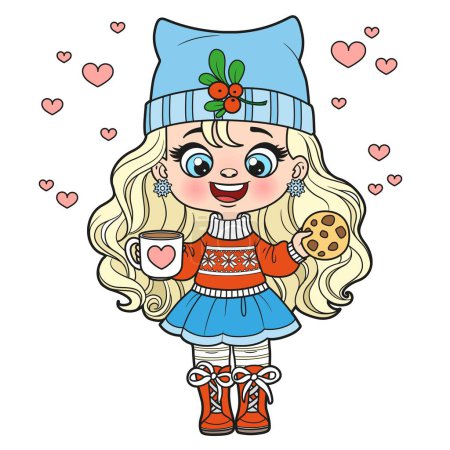 Illustration for Cute cartoon girl with chocolate chip cookies and a cup in hands color variation for coloring page on a white background - Royalty Free Image