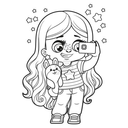 Téléchargez les illustrations : Mignon dessin animé fille aux cheveux longs prenant un selfie avec smartphone esquissé pour colorier la page sur fond blanc - en licence libre de droit