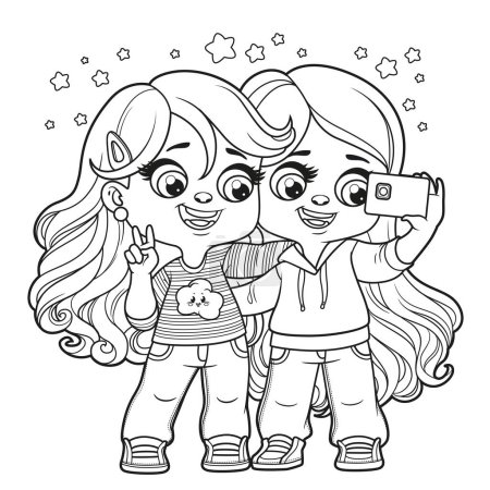 Téléchargez les illustrations : Mignon dessin animé deux filles aux cheveux longs prenant un selfie avec smartphone esquissé pour la coloration sur fond blanc - en licence libre de droit