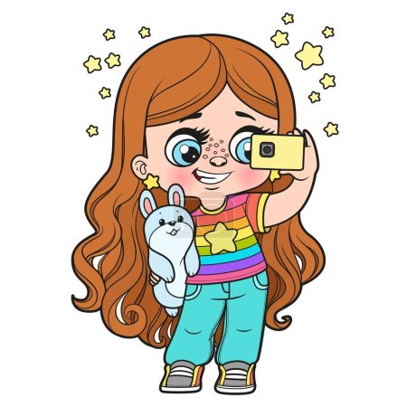 Linda chica de dibujos animados de pelo largo tomando una selfie con la variación de color del teléfono inteligente para colorear página sobre fondo blanco