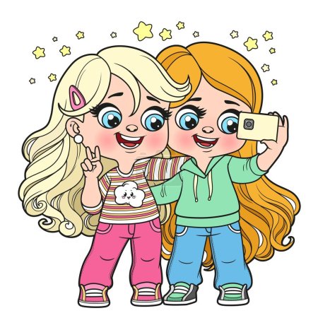 Cute cartoon two long haired girls taking a selfie with smartphone outlined for coloring page on white background