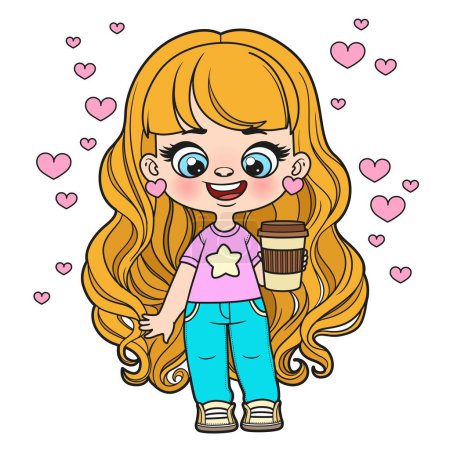 Nettes Cartoon-langhaariges Mädchen mit einer Tasse heißen Kaffees in der Hand Farbvariation zum Ausmalen auf weißem Hintergrund