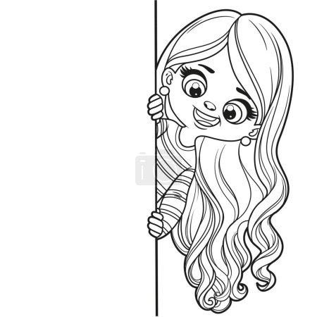 Ilustración de Linda chica de dibujos animados de pelo largo asomándose por detrás de un gran cartel blanco delineado para colorear página sobre un fondo blanco - Imagen libre de derechos