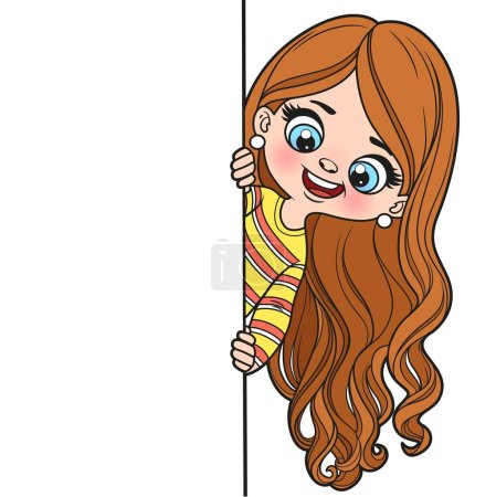 Nettes Cartoon-langhaariges Mädchen, das hinter einem großen weißen Poster hervorlugt, Farbvariante zum Ausmalen auf weißem Hintergrund