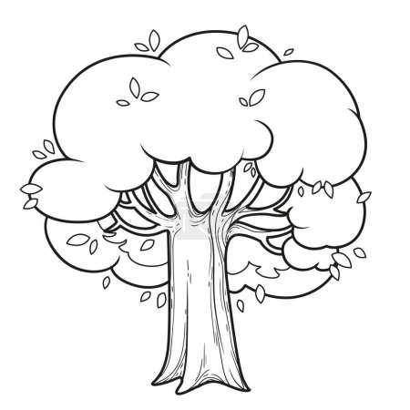 Téléchargez les illustrations : Grand arbre foliaire dessin linéaire pour coloriage isolé sur fond blanc - en licence libre de droit