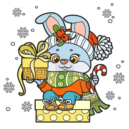 Cute cartoon rabbit in warm scarf and sweater with gift in paw sit on a gift box color variation for coloring page on white background