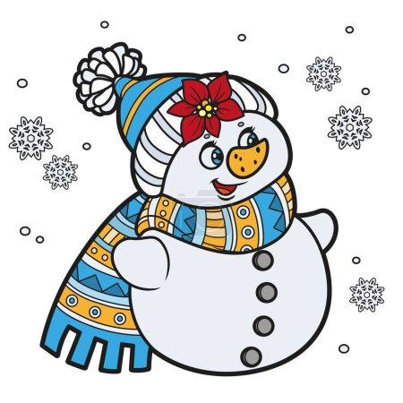 Téléchargez les illustrations : Mignon dessin animé bonhomme de neige de Noël dans un chapeau chaud et écharpe variation de couleur pour la page à colorier sur fond blanc - en licence libre de droit