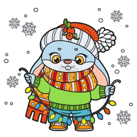 Netter Cartoon-Hase in warmem Schal mit Girlanden-Farbvariante zum Ausmalen auf weißem Hintergrund