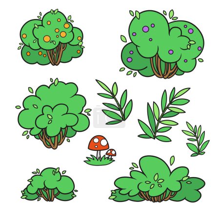 Ilustración de Conjunto de arbustos foliares variación de color para colorear página aislada sobre fondo blanco - Imagen libre de derechos