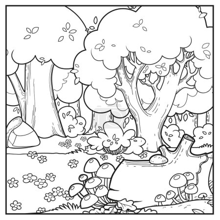 Téléchargez les illustrations : Vieille forêt de conte de fées et prairie avec des fleurs esquissées variation pour coloriage isolé sur fond blanc - en licence libre de droit
