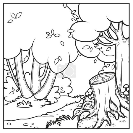 Illustration for Fairy tale forest with path to the meadow outlined variation for coloring page isolated on white background - Royalty Free Image