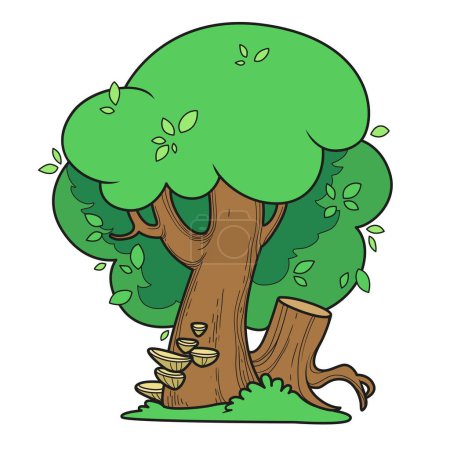 Ilustración de Árbol foliar grande cubierto de crecimientos de setas y con una variación de color cercano tocón para colorear página aislada sobre fondo blanco - Imagen libre de derechos