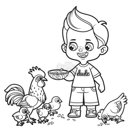 Illustration for Cute cartoon boy feeds feeds chickens and chicks with grains from a bowl outlined for coloring page on white background - Royalty Free Image