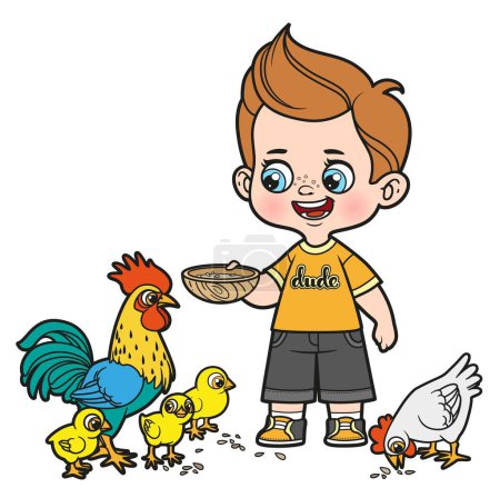 Ilustración de Lindo niño de dibujos animados alimenta a los pollos y pollitos con granos de una variación de color tazón para colorear página sobre fondo blanco - Imagen libre de derechos
