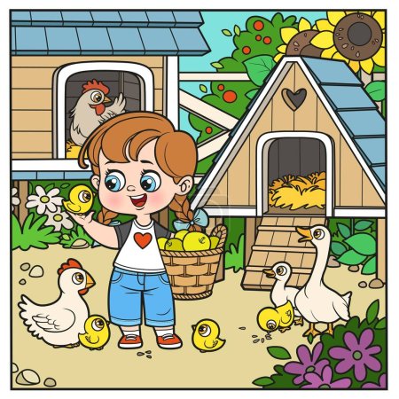 Nettes Cartoon-Mädchen füttern Hühner auf dem Bauernhof Farbvariante Malbuch auf weißem Hintergrund