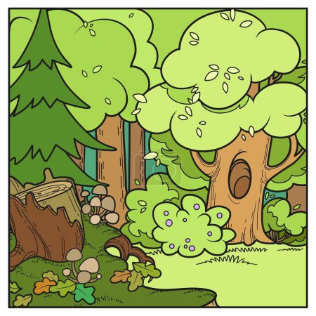 Old fairy tale forest with glade and big old stump with toadstools on the front plane color variation for coloring page isolated on white background