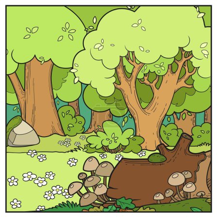 Téléchargez les illustrations : Vieille forêt de conte de fées et prairie avec variation de couleur des fleurs pour la coloration isolée sur fond blanc - en licence libre de droit