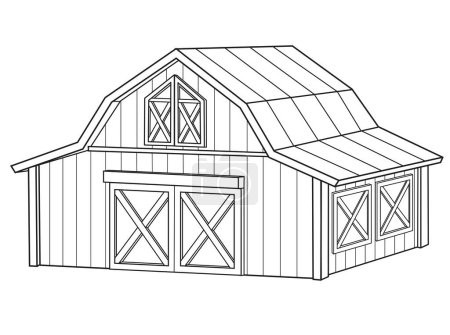 Téléchargez les illustrations : Grande grange en bois esquissée pour livre à colorier sur fond blanc - en licence libre de droit