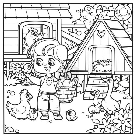 Cute cartoon girl feed chickens on the farm outlined variation coloring book on a white background