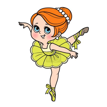 Ilustración de Linda niña bailarina de dibujos animados bailando en una pierna en la variación de color tutú exuberante para colorear página aislada sobre un fondo blanco - Imagen libre de derechos