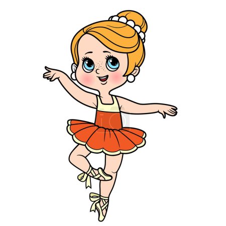 Ilustración de Linda niña bailarina de dibujos animados en tutú exuberante y puntas bailando en una variación de color de la pierna para colorear página aislada sobre un fondo blanco - Imagen libre de derechos