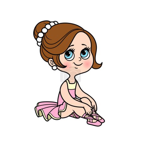 Illustration for Cute cartoon little ballerina girl in lush tutu sitting on the white floor  color variation for coloring page isolated on a white background - Royalty Free Image