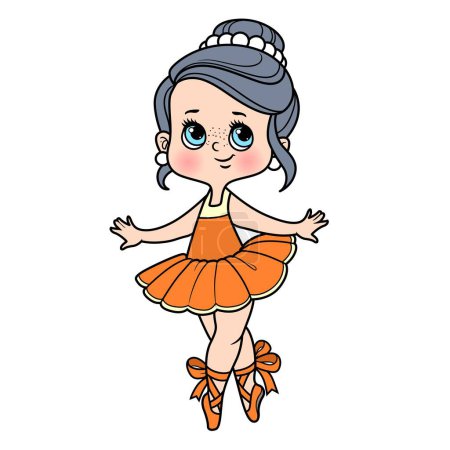 Illustration for Cute cartoon little ballerina girl in lush tutu standing on toes in pointe shoes color variation for coloring page isolated on a white background - Royalty Free Image