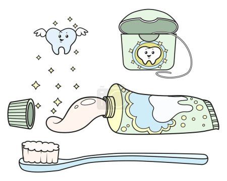 Illustration for Coloring set toothpaste, toothbrush floss and magic tooth color variation - Royalty Free Image