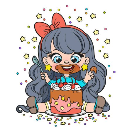 Illustration for Cute cartoon girl sit with big  cake with whipped cream and cherries color variation for coloring page on a white background - Royalty Free Image