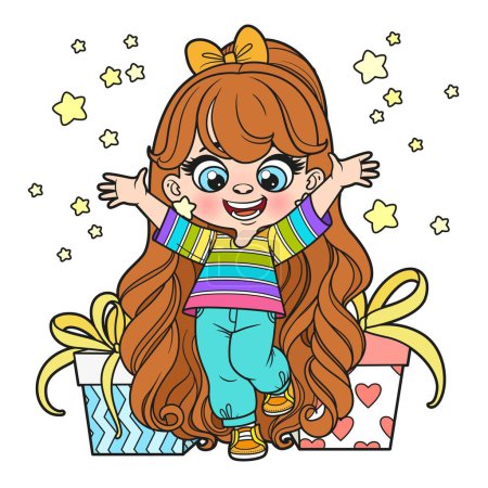 Illustration for Cute cartoon long haired girl with gifts color variation for coloring page on a white background - Royalty Free Image
