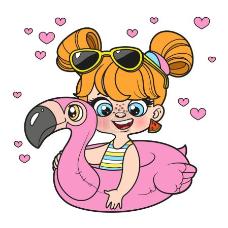 Cute cartoon girl in a swimsuit and with an flamingo inflatable ring for swimming color variation for coloring page on white background