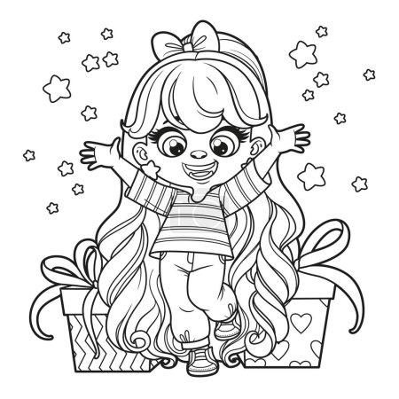 Cute cartoon long haired girl with gifts outlined for coloring page on a white background