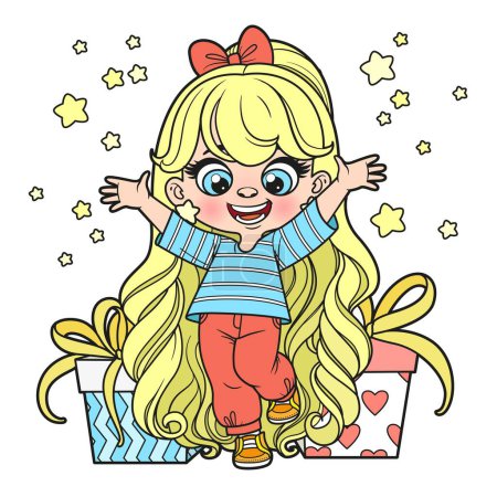Illustration for Cute cartoon long haired girl with gifts color variation for coloring page on a white background - Royalty Free Image