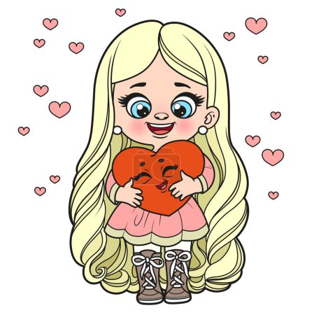 Illustration for Cute cartoon longhaired girl with big soft plush Valentine heart color variation for coloring page on a white background - Royalty Free Image