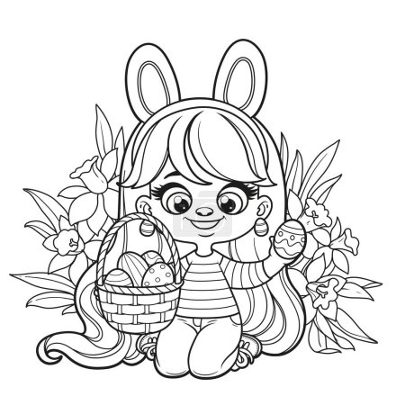 Cute cartoon long haired  girl with bunny ears and a basket plays Easter egg hunt outlined for coloring page on a white background
