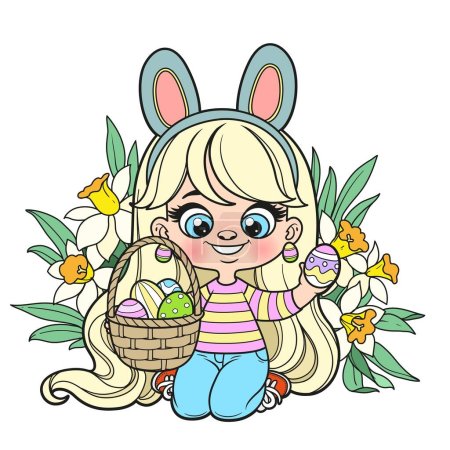 Ilustración de Linda chica de dibujos animados de pelo largo con orejas de conejo y una cesta obras de teatro variación de color huevo de Pascua para colorear página sobre un fondo blanco - Imagen libre de derechos