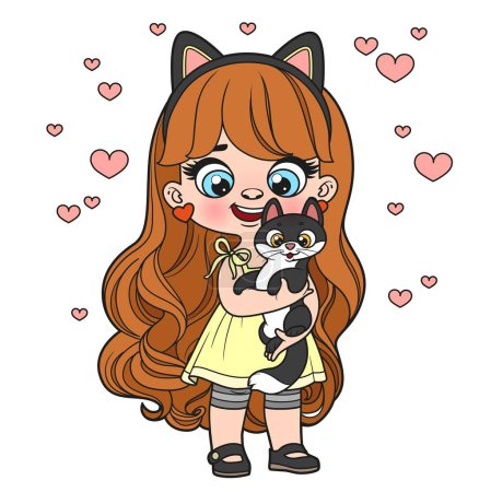 Illustration for Cute cartoon long haired girl with cat in hands color variation for coloring page on white background - Royalty Free Image