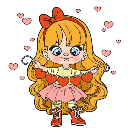 Illustration for Cute cartoon longhaired girl with paper heart garland coloring page on a white background - Royalty Free Image