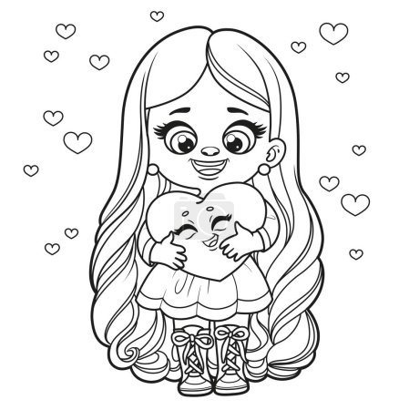 Illustration for Cute cartoon longhaired girl with big soft plush Valentine heart coloring page on a white background - Royalty Free Image