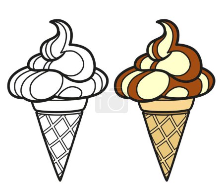 Téléchargez les illustrations : Crème glacée dans une page de coloration de cône de gaufre sur fond blanc - en licence libre de droit