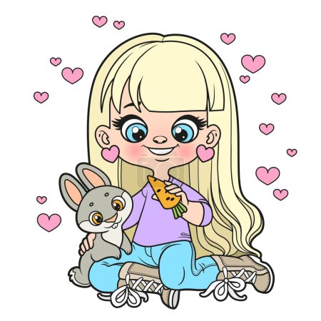 Ilustración de Linda chica de dibujos animados de pelo largo alimentando a las zanahorias de conejo variación de color para colorear página sobre fondo blanco - Imagen libre de derechos