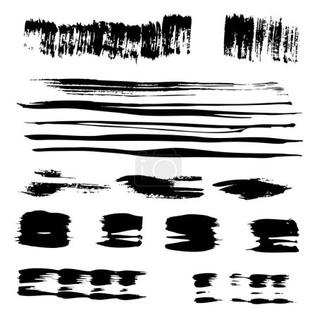 Téléchargez les illustrations : Textured abstract thin long and different shape brushstrokes black isolated on white background - en licence libre de droit