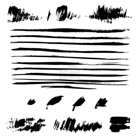 Téléchargez les illustrations : Textured abstract thin long brushstrokes black isolated on white background - en licence libre de droit