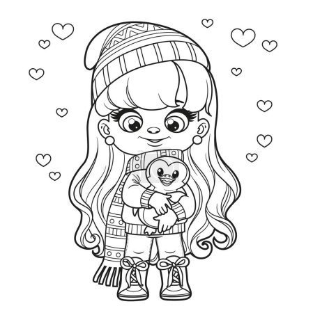 Illustration for Cute cartoon long haired girl with toy penguin in hands and winter clothes outlined for coloring page on a white background - Royalty Free Image