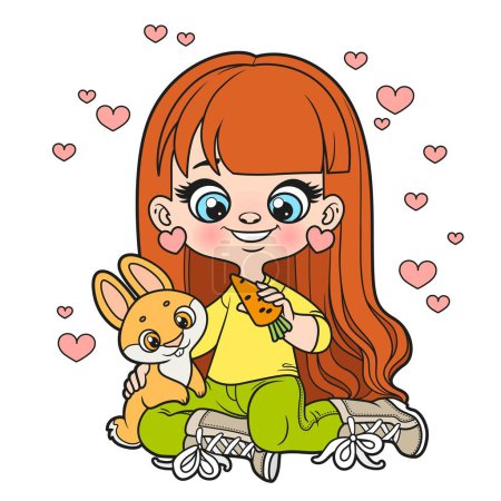 Ilustración de Cute cartoon long haired girl feeding the orange rabbit carrots color variation for coloring page on white background - Imagen libre de derechos