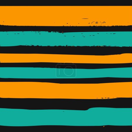 Téléchargez les illustrations : Seamless pattern from abstract long green and orange textured elements brush strokes on black background - en licence libre de droit