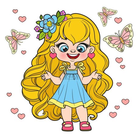 Ilustración de Cute cartoon long curly haired girl in lush dress with butterflies color variation for coloring page on a white background - Imagen libre de derechos