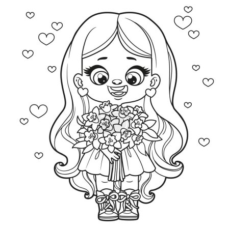 Ilustración de Cute cartoon long haired girl holds in hands a large spring bouquet of daffodils outlined for coloring page on white background - Imagen libre de derechos