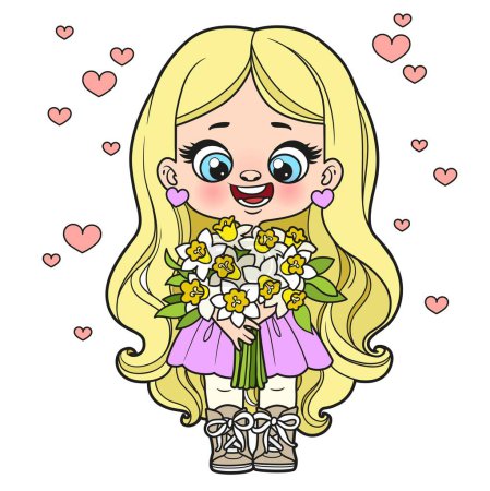 Téléchargez les illustrations : Cute cartoon long haired girl holds in hands a large spring bouquet of daffodils color variation for coloring page on white background - en licence libre de droit